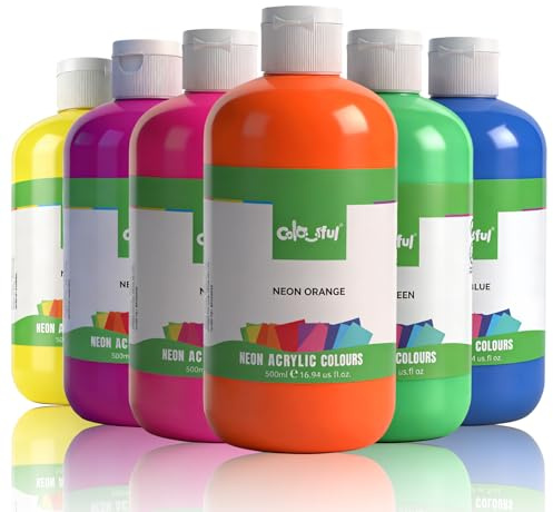 Colorful Artist Fluorescent Acrylic Paint Set, 6 Pack 16.67oz - Glow in Black Light, Non-Toxic Neon Paint for Party Decor & Multi-Surface DIY Crafts