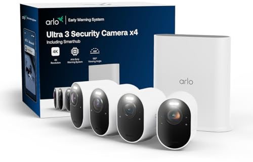 Arlo Ultra 3 Security Camera Outdoor Wireless, 4K UHD, 180 View, AI Detection, Auto Tracking, Colour Night Vision, CCTV, Arlo Secure Trial Included, 4 Cameras with Smarthub for Local Storage, White