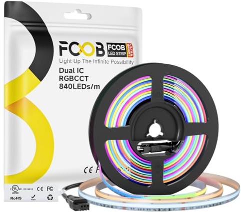 FCOB COB RGBCCT Adressierbarer SPI Dual IC Dimmbarer LED-Streifen RGB+CCT Abgestimmtes Weiß 3000K-6000K Hohe Dichte 5M 840LEDs/m 24V IP66 Flexibles LED-Band für Küche, DIY Heimdekoration(Nur Streifen)