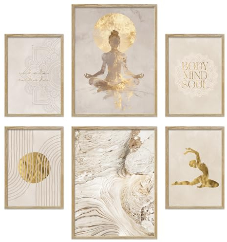 ARTFAVES® Poster Set - Yoga Spirit - mehrteilige Wanddeko Wohnzimmer, Schlafzimmer - 6 moderne Wandbilder Abstrakt, Kunst, Meditation, Spirituell - mit Rahmen Eiche-Optik