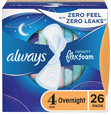 Always Infinity FlexFoam Pads for Women, Size 4, Overnight Absorbency, Unscented, 28 Count