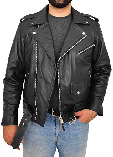 A1 FASHION GOODS Genuine Cowhide Biker Leather Jacket For Men With Belt Casual Brando Coat Rock (X-Large)