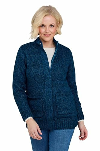 Chums Ladies Fleece Lined Cosy Knit Cardigan with Stud Fastening | Women's Marl Effect Knitwear, Full Zip & Studs, Two Patch Pockets (Approx. 30.5 inch length)