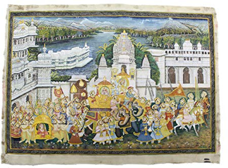 Pintura hecha a mano con tela de seda de la procesión del Rey Real sin marco, color dorado