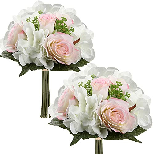 Briful Kunstblume Künstliche Blumenstrauß Kunstpflanze Blumenarrangements 2er Set Hortensie Rosenbouquet Höhe 30cm Dekopflanze für Arrangements Festtags-Tafel o. Hochzeit