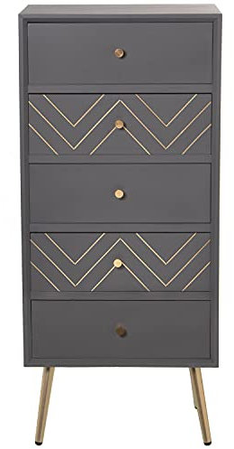 DRW Sinfonier mit 5 Schubladen aus MDF Kiefer mit Metallbeinen in Grau und Gold, 46 x 37 x 102 cm