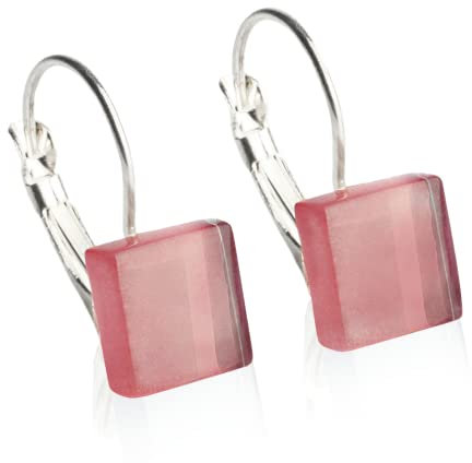 ALEXASCHA® Edelstahlohrringe hängend mit quadratischen Glassteinen • Kurze Ohrhänger mit Klappverschluss • 2cm lang • Steingröße 10 mm x 10 mm x 3 mm (Quarzrosa)
