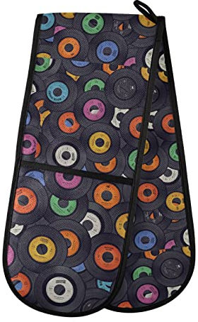 Colorful Vinyl Record Music Background Vintage Retro Texture Double Oven Mitt Gloves Extra Long Potholder High Heat Resistant for Baking Cooking Baking Grilling Handling Hots Pans 35x7