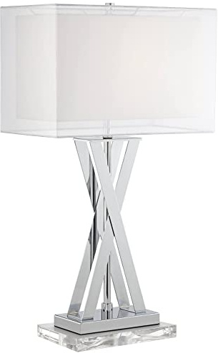 Possini Euro Design Proxima Modern Table Lamp with Acrylic Riser 28 Tall Chrome Silver Metal White Rectangular Double Shades Decor for Bedroom Living Bedside Nightstand Home Office Kids Room