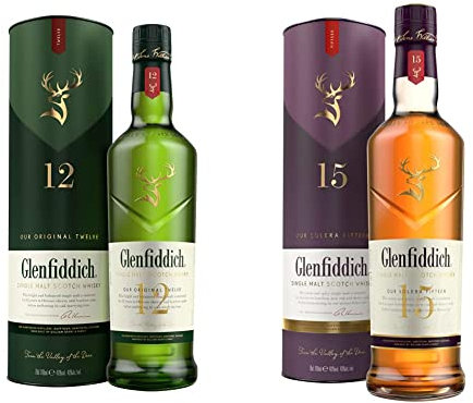 Glenfiddich Whisky - Whisky escocés de malta,12 años, botella 700ml + Whisky premium de malta escocés 15 años – 70cl