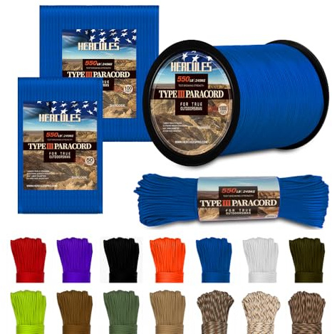 HERCULES 550 Paracord 4mm Type III 7 Strands Parachute Cord 15m / 30m / 75m / 300m Utility Rope for Crafting, DIY, Camping, Survival, Outdoor