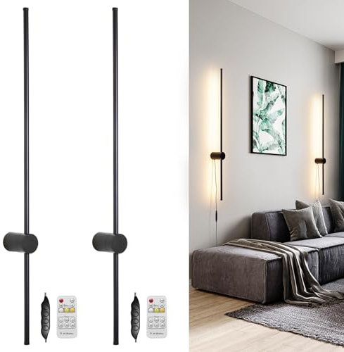 Plug in Wall Sconces Set of 2, Black Dimmable LED Wall Lights with Remote Control, 80cm Modern Wall Lamp with Memory Function, Indoor Wall Sconce Lighting for Bedroom, Living Room, Hallway,31.5in