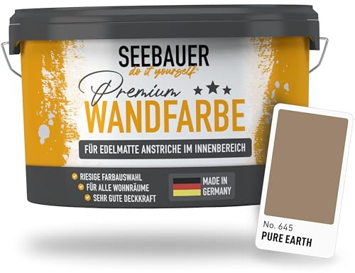 SEEBAUER diy Wandfarbe Braun 5L für Innen (No. 645 Pure Earth) Edelmatte braune Innenfarbe - Brauntöne sehr hohe Deckkraft - Matt, Abwaschbar und Tropffrei