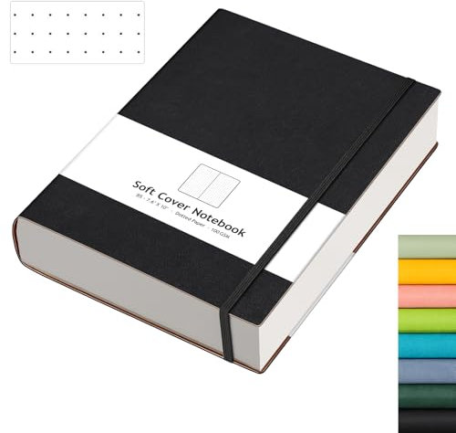 AHGXG Bullet Dotted Journal – 320 Seiten, Punktraster-Notizbuch, B5, großes Tagebuch, 100 g/m² dickes gepunktetes Papier, Leder-Softcover, mit Tagebuch-Schablonen, Innentasche, 19 x 25,4 cm – Schwarz