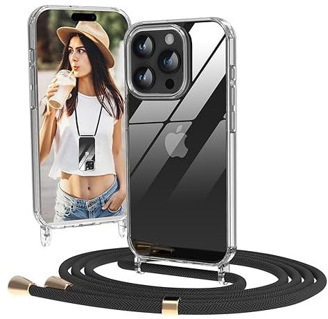 Nupcknn Transparent Handykette für iPhone 15 Pro Hülle mit Band,Dünn Handyhülle (Abnehmbar Einstellbar) Necklace mit Kordel zum Umhängen Kameraschutz Handy Kette Stossfest Schutzhülle(1.6M,Schwarz)