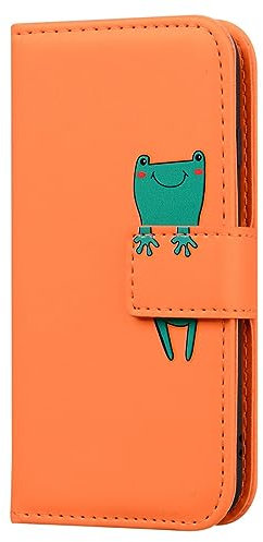 Skyhewen for iPhone 15 Case, PU Leather Flip Wallet Cute Case for Women Girls with [Kickstand] [Magnetic Clasp] [Card Holder] [Animal Pattern] for iPhone 15, Orange & Frog