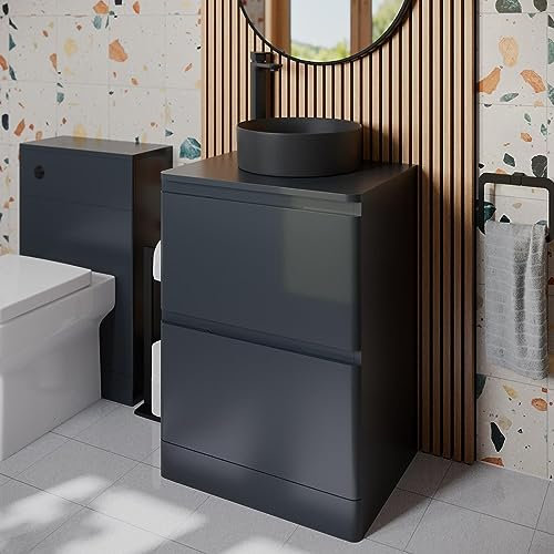 Affine® 600mm Vanity Unit Bathroom Floor Standing Storage Cabinet Cupboard Cloakroom, Soft Close Drawers, Lyon Black Countertop Basin Sink, Anthracite Matt