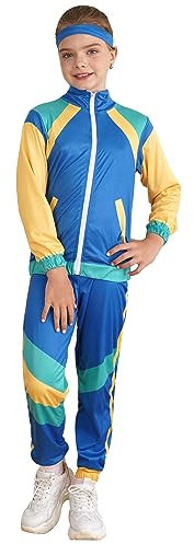 Kaerm Kinderkostüm 80er Jahre Trainingsanzug Mit Taschen Langarm Jacke Und Hose Stirnband Campinganzug Jogginganzug Assi Retro Style Gruppenkostüm Mottoparty Blau 104-116