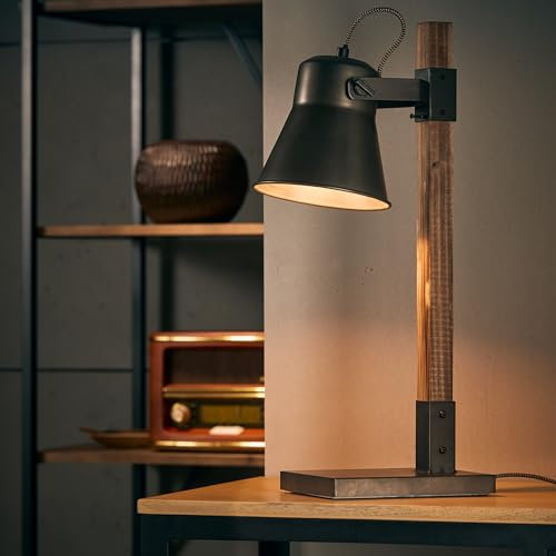 Lightbox Tischlampe im Landhaus Stil - 55 x 16 x 29 cm - rustikale Tischleuchte mit Schalter & schwenkbaren Kopf - E27, aus Metall/Holz aus kanadischer Schwarz-Pappel - in Stahl Schwarz/Braun