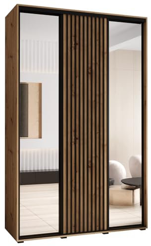 MEBLE KRYSPOL Sapporo 2 Moderner Schrank mit DREI Schiebetüren mit Spiegel, Stange, Regalen - Aufbewahrungsschrank für Schlafzimmer, Wohnzimmer - 205,2x160x45 cm - Artisan Artisan Schwarz