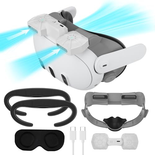 Aukuoy Cooling Facial Interface Face Cover for Quest 3: Adjustable VR Facial Interface Bracket with cooling fan, Soft Breathable PU Face Pad and Lens Protector for Quest 3 Accessories Set