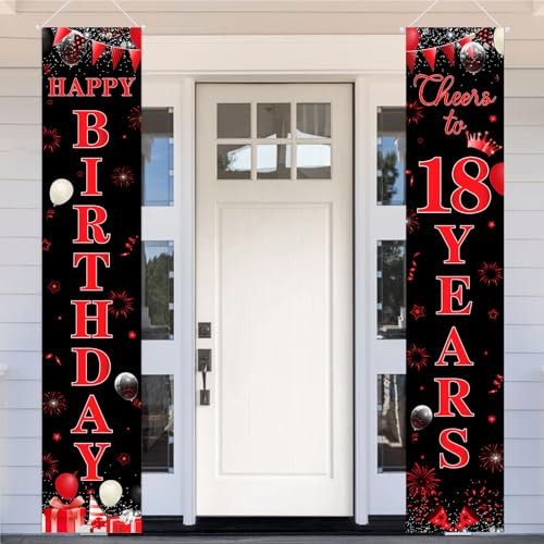 Sursurprise Happy 18th Birthday Door Banner Red Black for Boys Girl, Happy Birthday Cheers to 18 Years Door Porch Sign Banner, 18 Year Old Indoor Outdoor Birthday Party Decorations