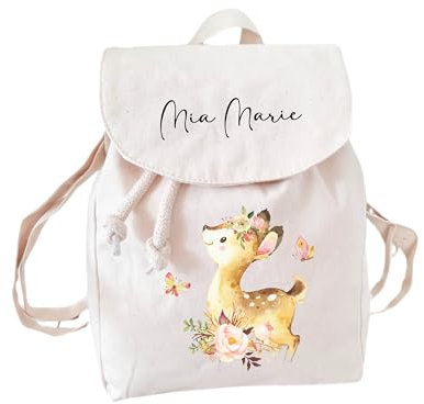 Kinderrucksack Reh mit Namen personalisiert, für Kindergarten Kita, Verstellbare Gurte, Mini Kindergartenrucksack, Kleinkind Tasche, Kindergartentasche