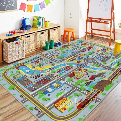 Capslpad Kinder Spielmatte 150x200cm rutschfest Stadtplan Spielplatz Teppich Waschbar Auto Spielmatten Kurzflor Stadtleben Lernen Bildungsbereich Teppich für Kinderzimmer Spielzimmer Dekor,Hellblau