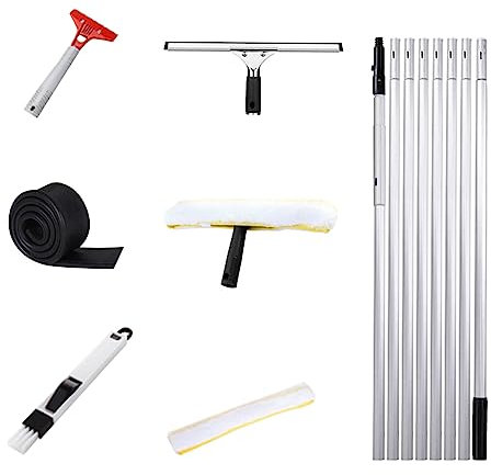 MQZHUK Teleskop Fensterwischer Abzieher Set, Fensterwischer mit Aluminium Verlängerungsstange 8m Fensterreiniger für Büros Hotels Ladenlokalen Schwimmbädern und Weiteren Gewerblichen Umgebungen WeiB