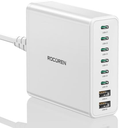 Rocoren USB C Charger Multi Port 340W, 8-Port PD100W QC4.0 PPS GaN Charging Station with 1.5m UK Extension Cord Compatible with MacBook Pro/Air M2, iPhone 16 Pro Max/15 Pro, Galaxy S24 Ultra, Laptop