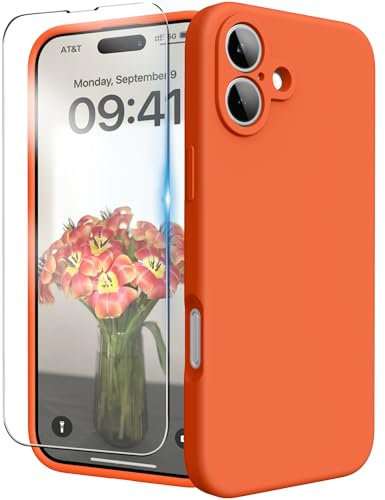 INGIDO for iPhone 16 Case, Liquid Silicone Case with Camera Protection Soft Gel Rubber Cover with Microfiber Lining Shockproof Protective Phone Case for iPhone 16 6.1 (Neon Orange)