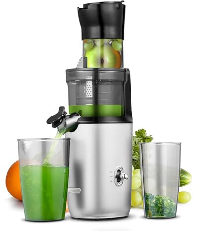 AMZCHEF Extracteur De Jus Pour Fruits Entiers 80MM - Centrifugeuse Extracteur De Jus Sans BPA - 200W Extracteur De Jus Froid Avec Tarière Améliorée, Filtre Double Couche, Moteur Silencieux - Gris
