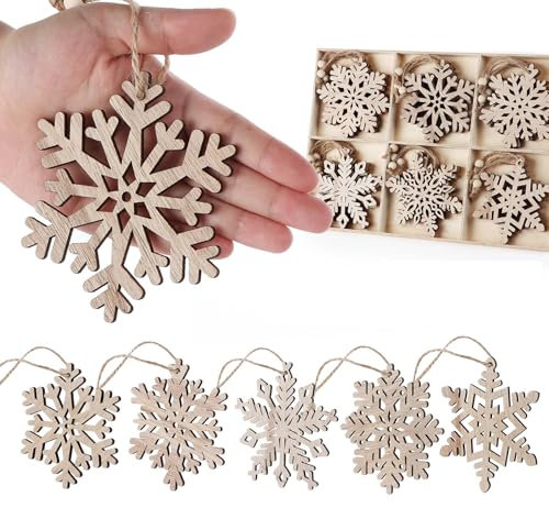 24 Stück Holz-Anhänger Schneeflocken, Weihnachtsanhänger Holz Schneeflocken mit Hanfseil, Christbaumschmuck 10 cm für Weihnachten, Hochzeiten und Geschenkdekoration