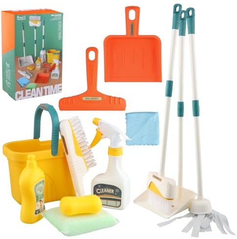 Focenat Juguetes de Limpieza para Niños, 12 Piezas Set Limpieza Juguete, Escoba y Recogedor Niños, Escoba Juguete con Trapeador, Cepillos, Kit de Limpieza Juguetes para Niños de hasta 3 Años