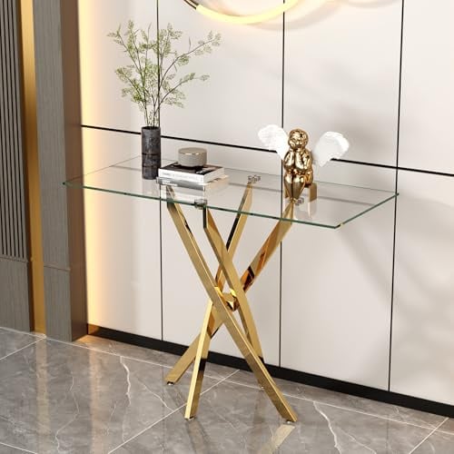 Glass Console Table with Shiny Gold Legs for Hallway & Living Room, 100cm | Tempered glass top with a sleek gold metal frame, Modern style, Ideal for hallways, foyers, entrances and corridors