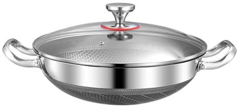 Nzzkoides Padella Wok in Acciaio Inossidabile, Padella Antiaderente con Coperchio, Padelle, Pentole, Due Manici, Padella Antiaderente, Padella Wok per Induzione, Elettrica, Gas(Size:32CM)