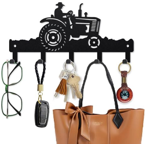 MAYJOYDIY Traktor Farmer Metall-Schlüsselhaken, 24,9 x 12,9 cm, Bauernland-Wandhaken, Bauernhaus-Schlüsselhalter für die Wand mit 5 Haken für Küche, Eingang, Flur, Tür, Veranda