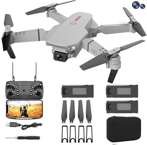 GPS Drone E88 Pro for Adults 1080P Pro Dual Camera Foldable Professional Live Video Drone RC Quadcopter Aircrafts with 2 Extra Batteries - Grey