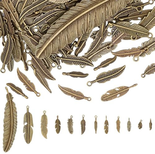 WADORN 132 Stück 12 Stilen Federanhänger Zur Schmuckherstellung, Anhänger Mit Federn Aus Tibetischer Metall Traumfänger Engelsflügel Antike Bronze Baumelnde Anhänger Zur Schmuckherstellung