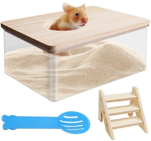 Behogan Hamster Badezimmer, Transparent Sandbad für Hamster, Sand-Badezimmer für Hamster mit Leiter und Schaufel, Hamster Leiter, sandbad Hamster für Hamster oder Kleine Haustiere(Quadrat)