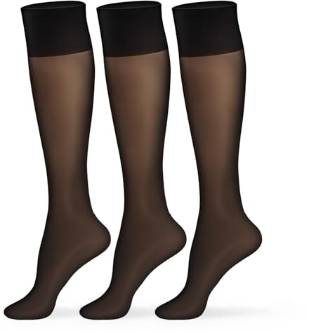 MANZI Women's Knee High Socks Nylon Pop Socks 3 Pairs | 15D Ladies Sheer Knee Length Stockings Wide Fit Knee High Tights Reinforced Toes , Natural, Black