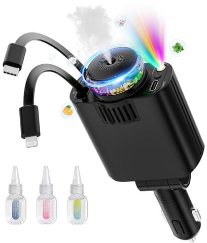 Ofottofo Zigarettenanzünder USB C mit Ambientelicht und Aromafunktion, 5 in 1 Einziehbares Auto Ladegerät Adapter 66W Handy Schnelles Autoladegerät Kompatibel mit iPhone 16 15 14 13 Android, Schwarz