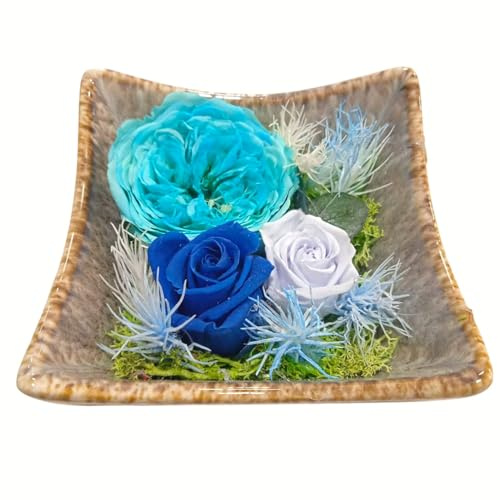 Rose ETERNELLE Bleue décorative, Arrangement Floral avec Roses Bleues Turquoise, Bleu. Centre en céramique. Roses éternelles Bleues. Fleurs préservées. Fabriqué à la Main par des fleuristes Artisans.