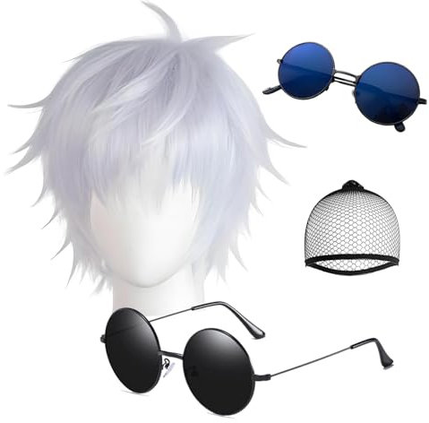 Satoru G. Perücke Mütze Kurz gewelltes Haar Mütze hell Weiß Mix Silber Perücke Anime Cosplay Sonnenbrille Kostüm Requisiten Zubehör 3 Stück