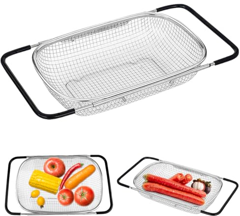 Waschbecken Sieb aus Edelstahl, Ausziehbar Rostfreier Stahl Spülbecken Sieb mit Feinsiebkorb und Gummigriff Siebs, Ovales Edelstahlsieb für Spüle zum Abseihen Abtropfen Waschen von Obst Gemüse