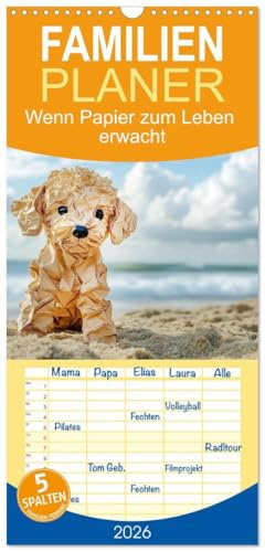 Familienplaner 2026 - Wenn Papier zum Leben erwacht mit 5 Spalten (Wandkalender, 21 cm x 45 cm), CALVENDO: Unsere Hunde in Papierfaltkunst (CALVENDO Hobbys)