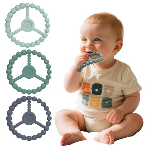 3 Pack Teething Ring Toys, Silicone Ring Teether Toys for Babies 0-12 Months, Freezable Circle Teethers 3-6 Months, Infant Toddler Toy, Baby Boy Girl Teething Relief Essentials (Mint Green Blue)