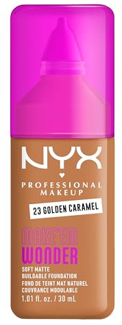 NYX Professional Makeup Make 'Em Wonder Foundation, 24H Soft Matte Aufbaubare Foundation, Mit hoher Deckkraft, Mattes Finish, 23 Golden Caramel