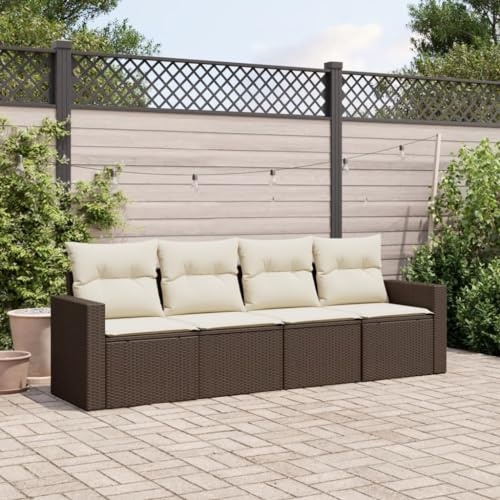 JHQHSM 4-TLG. Garten-Sofagarnitur mit Kissen Braun Poly Rattan PE-Geflecht Outdoor-Möbel Set Polyrattan Sofa Sitzgruppe Modulares Design Abnehmbare Bezüge Wetterbeständig Terrasse