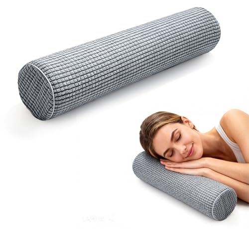 Nackenrolle mit Bezug, 48×10cm Nackenkissen Neck Pillow Roll Memory Foam | EIN Abnehmbares Cover , Waschbar Kissenrolle Knierolle für Home Office Sofa Reisen Yoga, Cylinderneckpillow, Grau